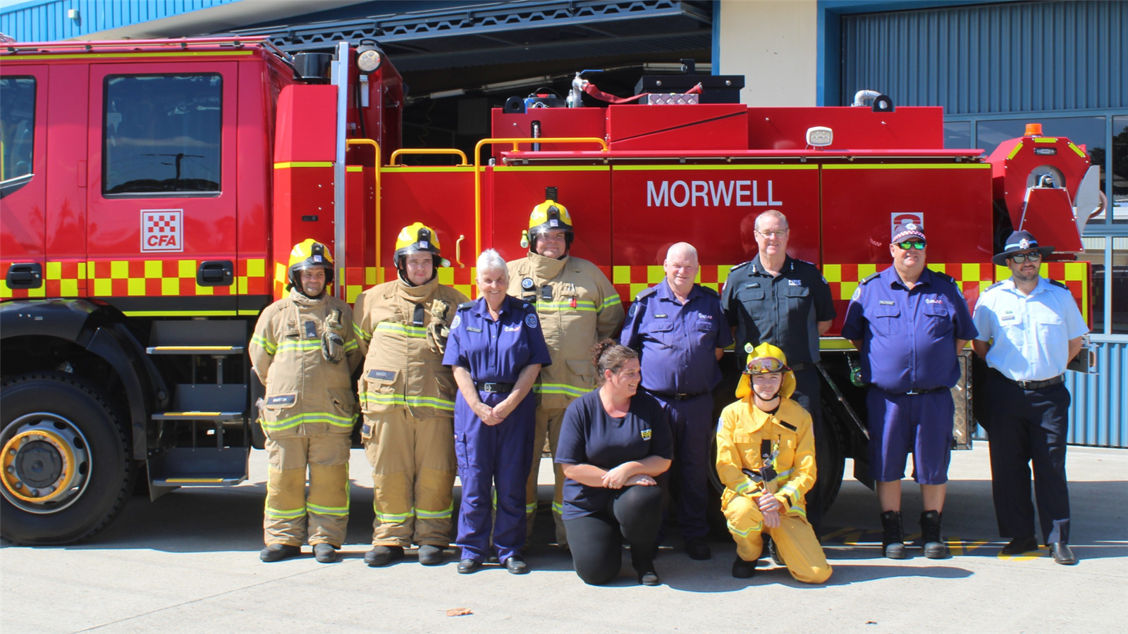 Back L to R: Jeremy Martin, Jai Maher, Aaron Yates, Captain Wayne Draper, ACFO Bryan Russell, Michael Franchetto, Bayley Charalambous. Front L to R: Lynne O'Callaghan, Narelle Douthie, Jarod Rodway